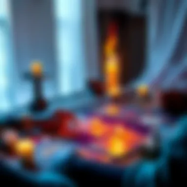 A tarot reader with cards laid out on a table, inviting people to ask questions for guidance, with calming crystals nearby