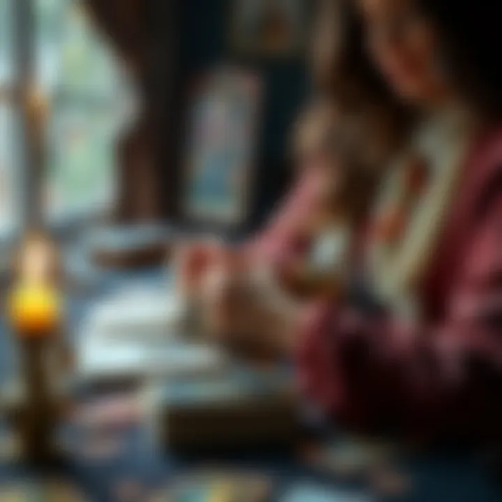 A tarot reader shuffles cards and prepares to offer a free reading to participants, showcasing colorful tarot cards and a welcoming setup.