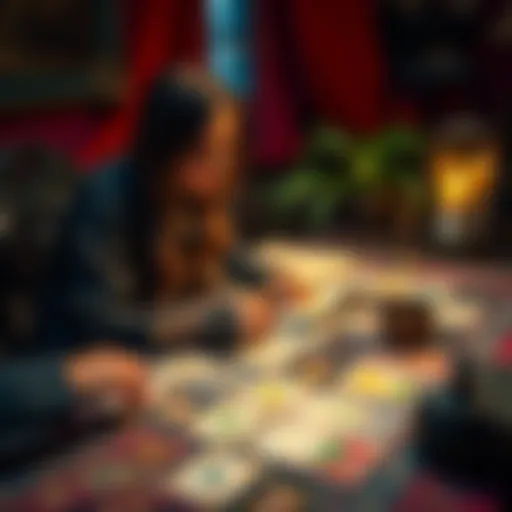 A skilled tarot reader with cards spread out on a table, inviting people for free mini readings