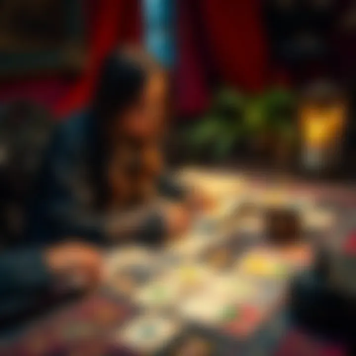 A skilled tarot reader with cards spread out on a table, inviting people for free mini readings