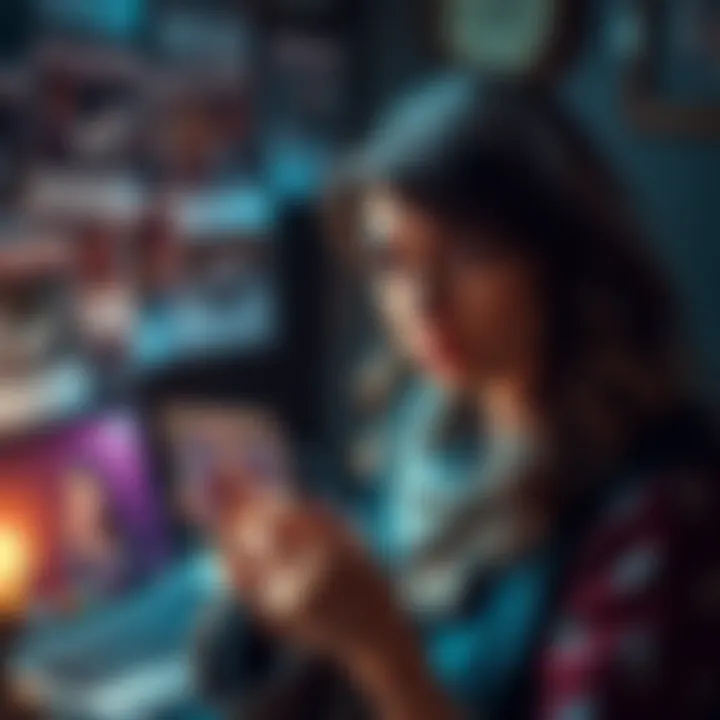 A tarot reader looks disappointed while holding a tarot card, surrounded by free reading requests on a forum, indicating the struggle for fair payment in her profession.
