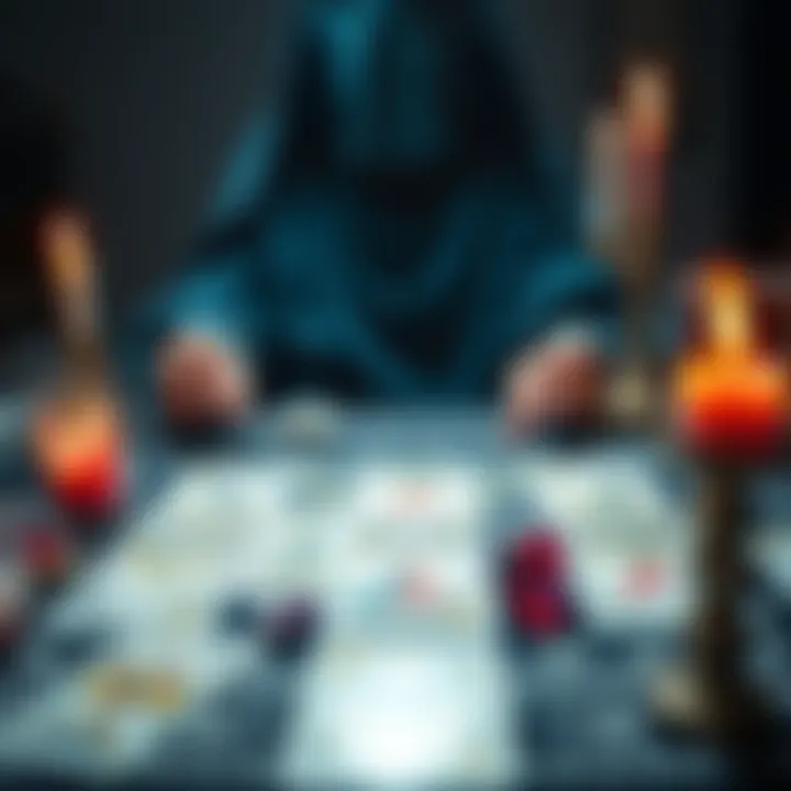 A tarot reader with cards spread out, focusing on love readings, surrounded by crystals and candles.