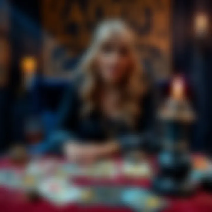 An experienced Tarot reader sitting at a table with tarot cards spread out, offering insights about love and life.