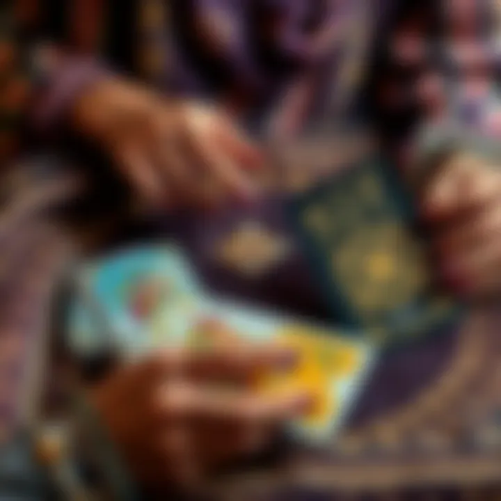 A tarot reader lays out two new tarot card decks, one with light imagery and the other featuring a bold black and gold design, inviting questions for free readings.