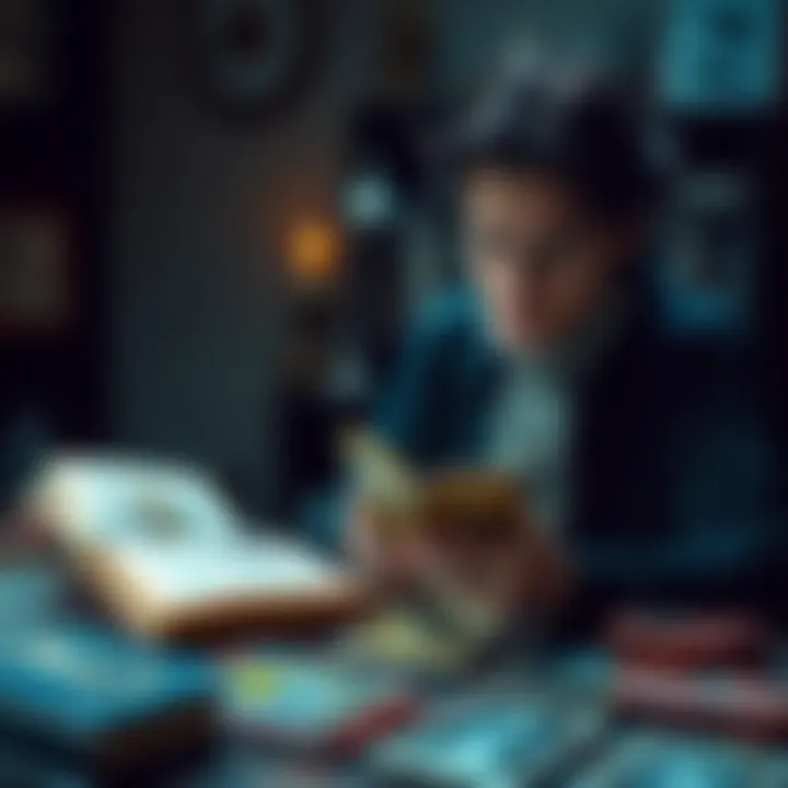 A person sitting at a table with tarot cards and a book open, focusing intently on learning tarot meanings.