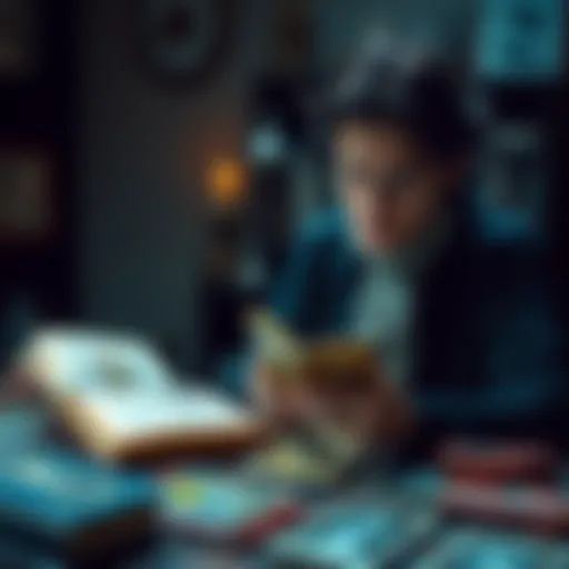 Tarot Reader Studying a Book A person sitting at a table with tarot cards and a book open, focusing intently on learning tarot meanings.