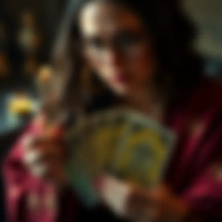 A tarot reader holding a deck of tarot cards, inviting fellow enthusiasts to exchange readings.