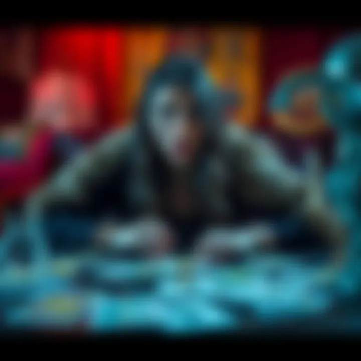 A tarot reader looks shocked as a client behaves inappropriately during a reading, with tarot cards scattered on the table.