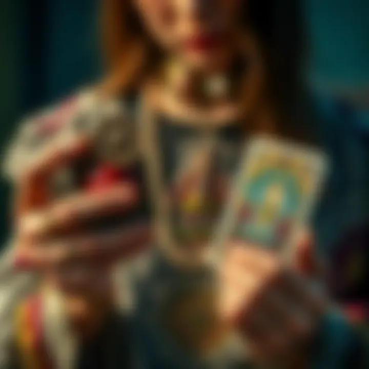 A tarot reader holding a cherished tarot deck while contemplating the Hanged Man card, symbolizing a dilemma about reading for friends.