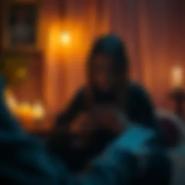 A psychic medium performing a tarot card reading for a client in a cozy, dimly lit setting