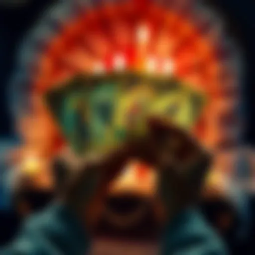 A person holding tarot cards with symbols of love, career, and spirituality visible