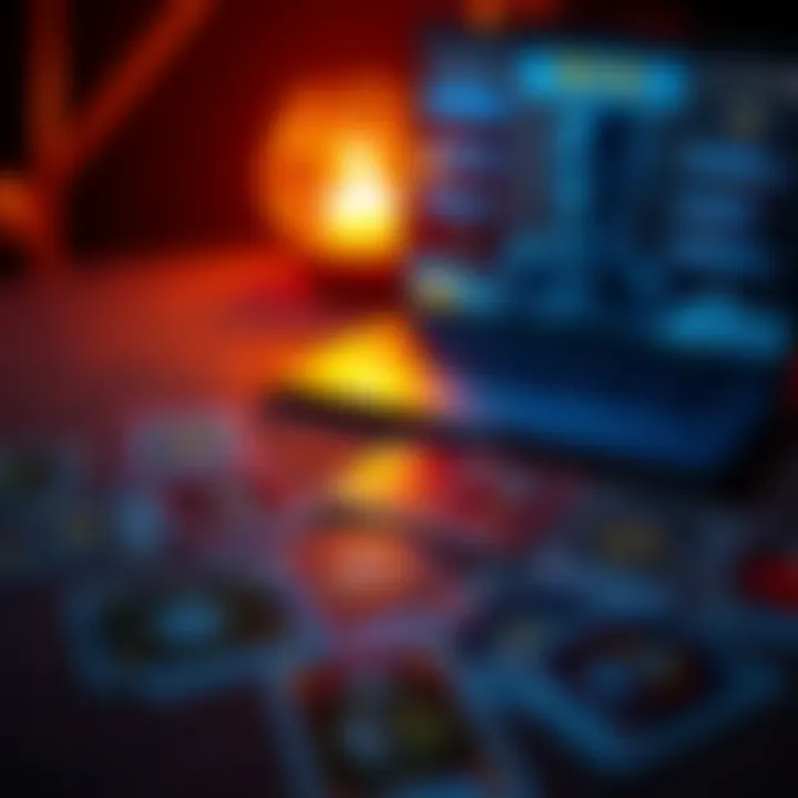 A set of tarot cards spread out on a table with a laptop displaying a chatbot interface, showcasing an AI conducting a tarot reading.