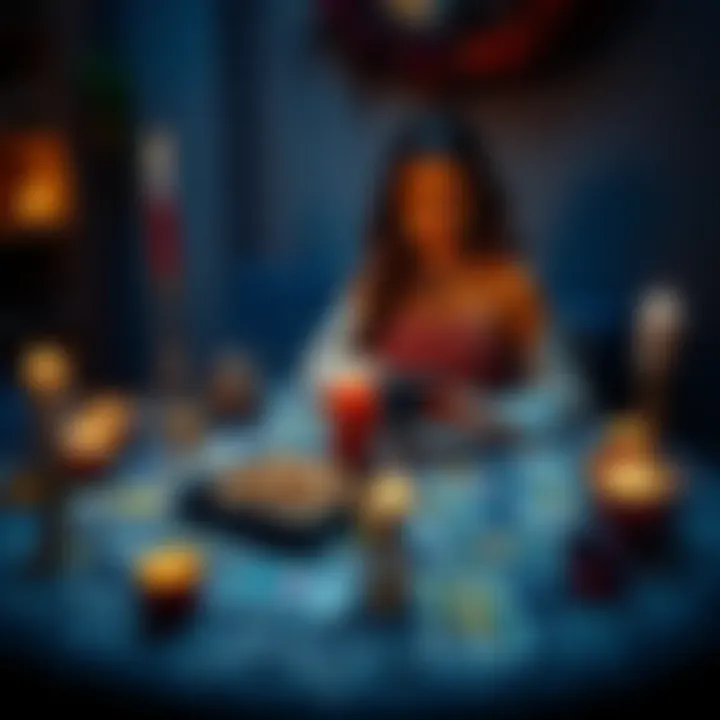 Asma conducting a tarot reading session with cards spread out on a table, surrounded by candles and crystals.