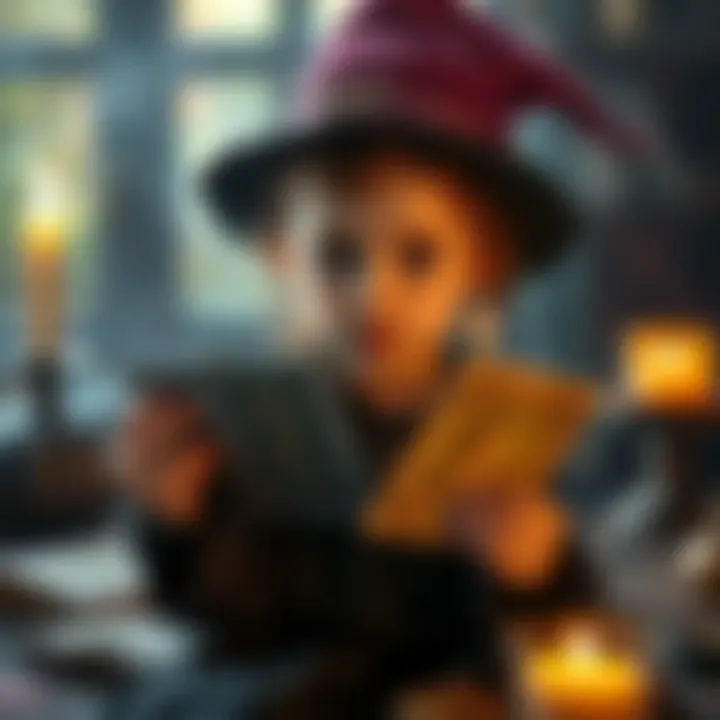 A young witch holding tarot cards with a mystical vibe, inviting people to ask questions.