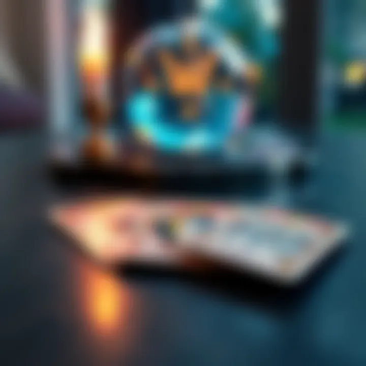 Tarot Reading Cards Three tarot cards laid out on a table, with a crystal ball in the background and a calming atmosphere.