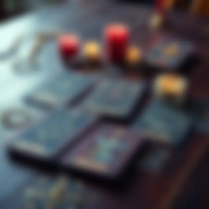 A set of tarot cards spread out on a table with mystical symbols, inviting people to seek guidance