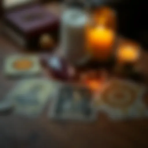 Three tarot cards laid out on a wooden table with a candle and crystals nearby