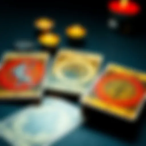Three tarot cards laid out on a table with a focus on mystical symbols and designs, inviting viewers to send questions for readings.