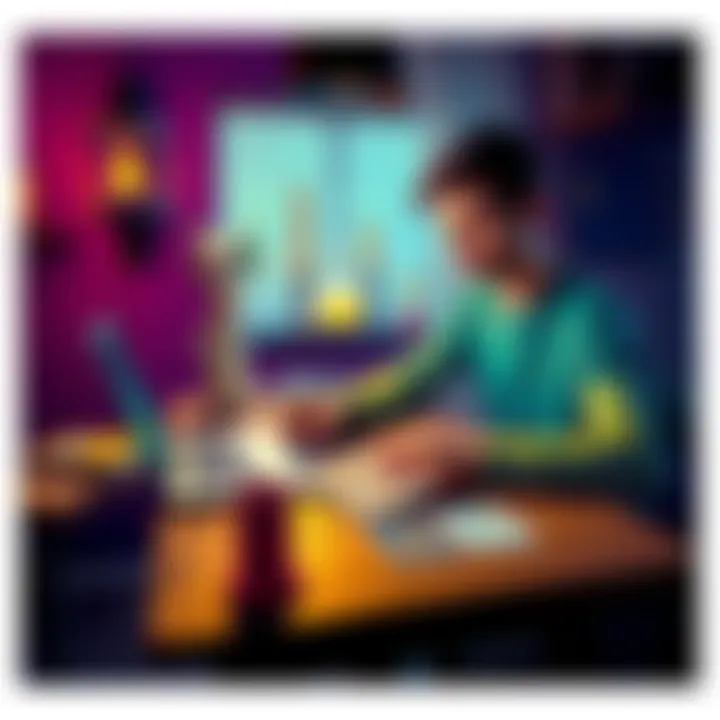 A person sitting at a table with tarot cards and a laptop, discussing tarot insights with Chat GPT, blending technology and tradition.