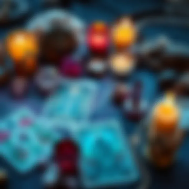 Tarot Cards with Crystals A spread of colorful tarot cards surrounded by crystals and candles, inviting people to connect with their intuition.