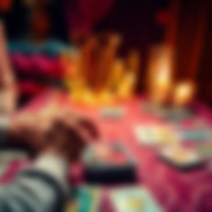 Tarot readings with Evan A person giving a tarot reading with colorful cards spread out on the table, showing a welcoming and calm atmosphere.