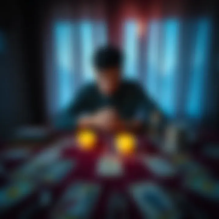 Tarot Reading for Ex's Feelings A person sits at a table with tarot cards spread out, focusing on cards like Temperance, The Hermit, and Knight of Cups, pondering over an ex's emotions and future intentions.