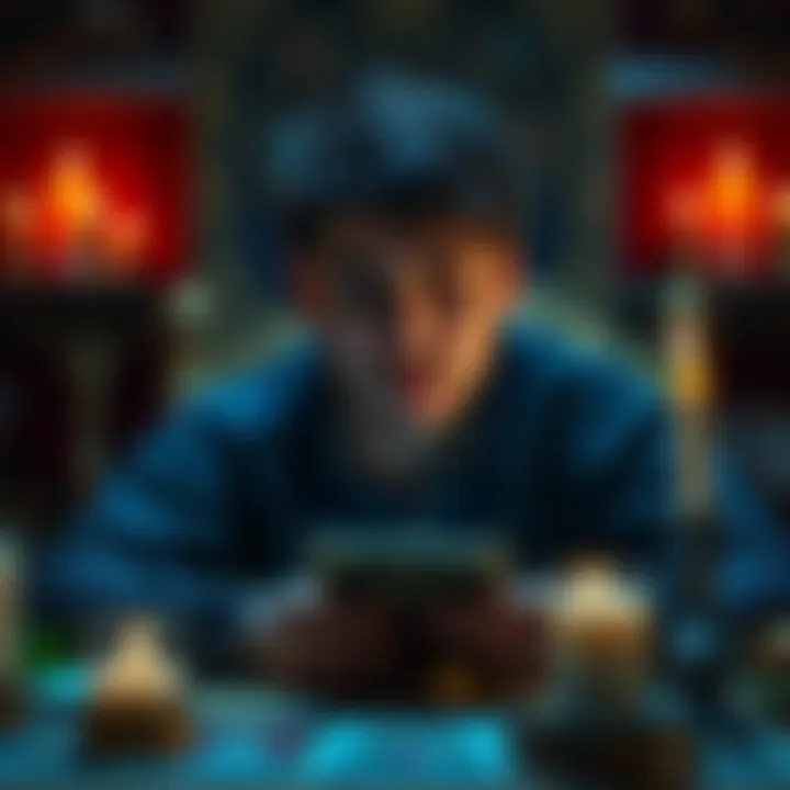 Tarot Reading Experience A person experiencing twitching sensations while reading tarot cards, surrounded by candles and mystical symbols.