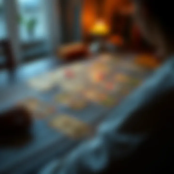 A person sits at a table with a Marseilles tarot deck spread out, contemplating their cards related to finances and emotions.