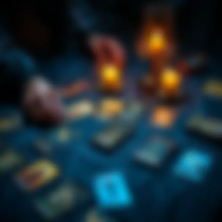 A person laying out Magic: The Gathering cards on a table for tarot reading.