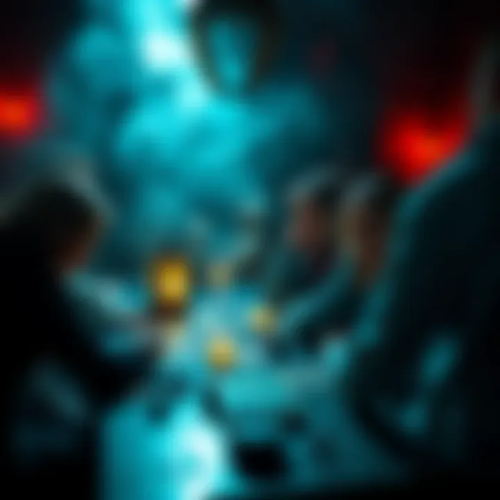 A group of friends gathered around a table, engaged in tarot readings and using ghost hunting tools, with an eerie atmosphere surrounding them.