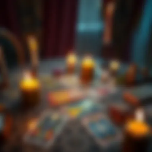 A colorful tarot card spread laid out on a table with candles and crystals, inviting participants to join a giveaway for free readings.