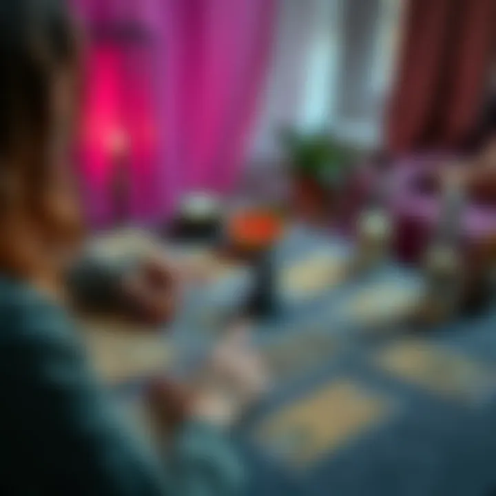 A person receives a tarot reading focused on hair and skin issues, with tarot cards spread on a table and natural beauty products nearby.