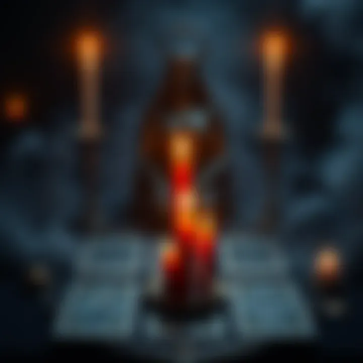 Tarot Reading with Hekate A tarot card reading session with candles and mystical symbols, featuring a silhouette of Hekate overseeing the cards.