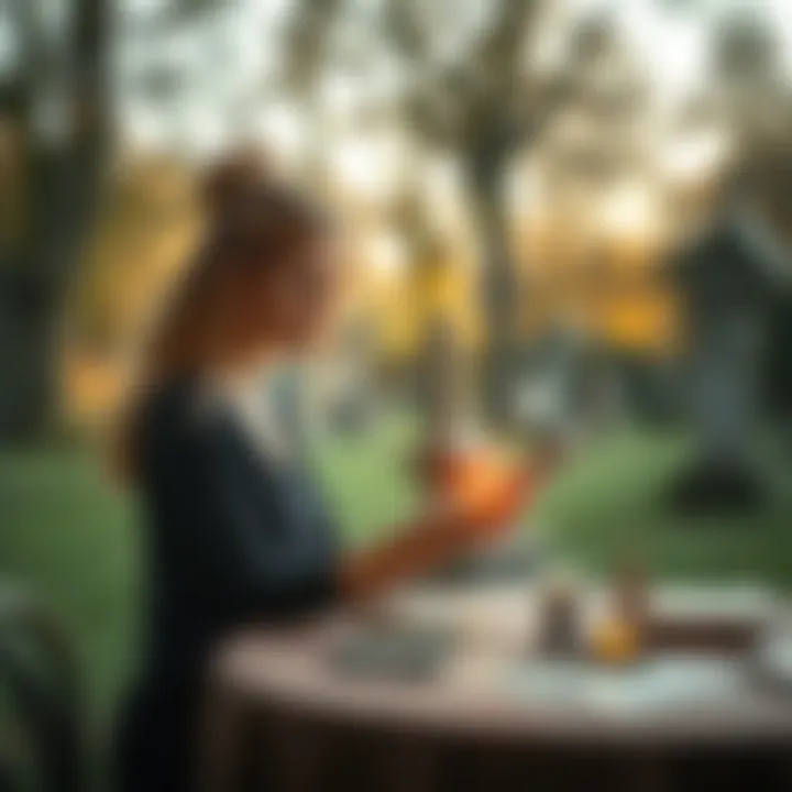 A woman reading tarot cards at a table outdoors, near an old graveyard, surrounded by trees and a soft light