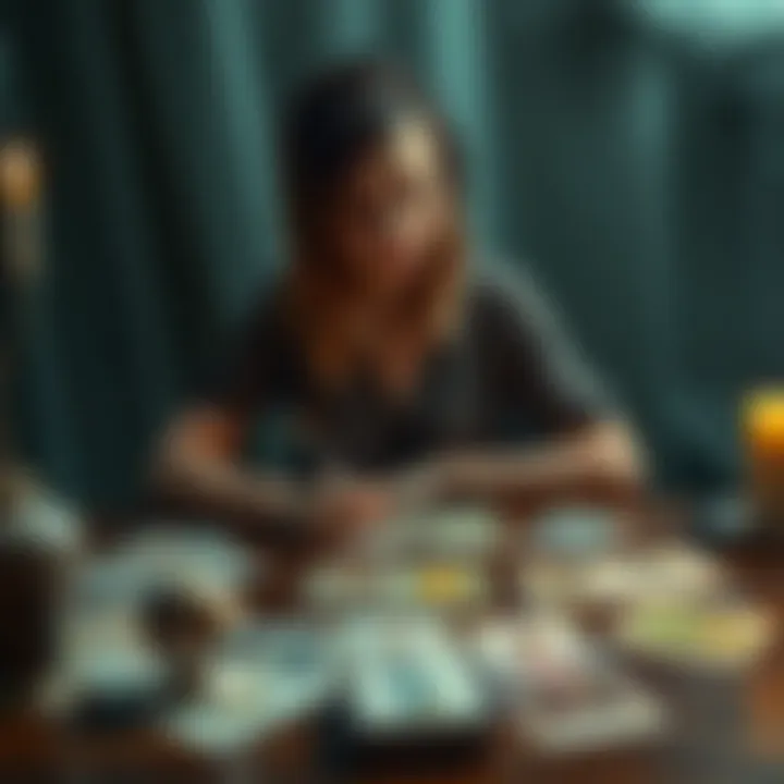 A person sitting at a table with tarot cards spread out, reflecting on their feelings about sexual identity and relationships with women