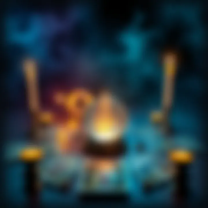 A tarot card spread with a crystal ball and candles illuminating the scene.