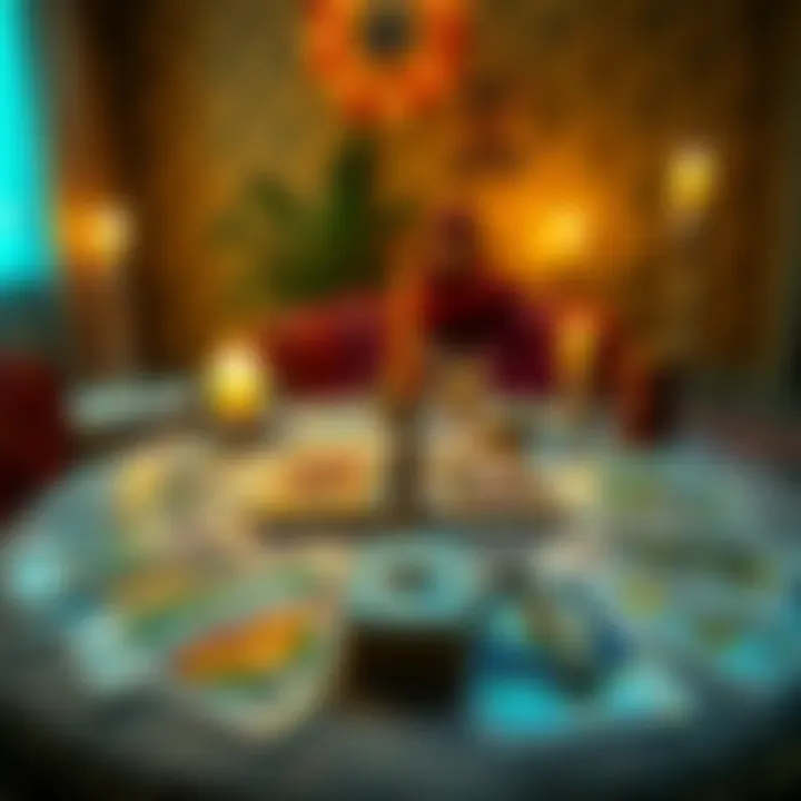 A tarot card reading setup with cards spread out on a table, candles lit, and a calm atmosphere for an Indian audience