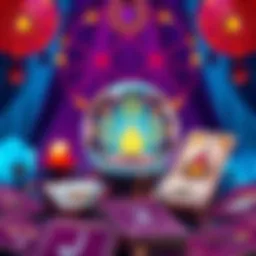 A colorful graphic inviting people to join a Zoom Tarot reading event with a crystal ball and tarot cards