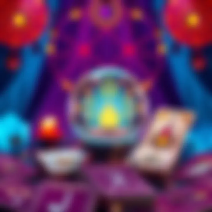 A colorful graphic inviting people to join a Zoom Tarot reading event with a crystal ball and tarot cards