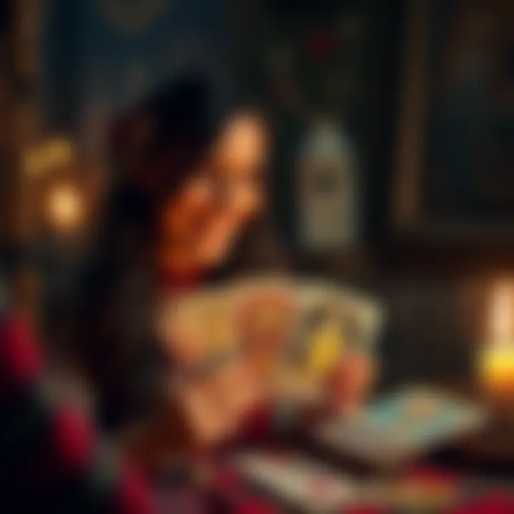 A tarot reader invites people for free readings with a deck of tarot cards and a warm smile.