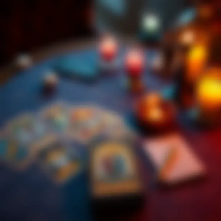 A welcoming setup for tarot readings with tarot cards spread out on a table and a notepad for questions.