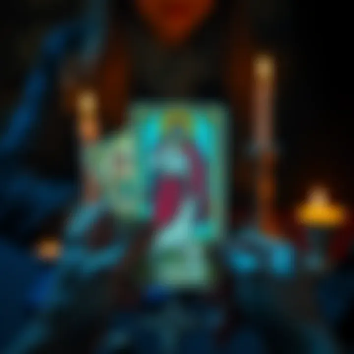 A person holding tarot cards with a figure representing love and jealousy, surrounded by candles and mystical symbols.