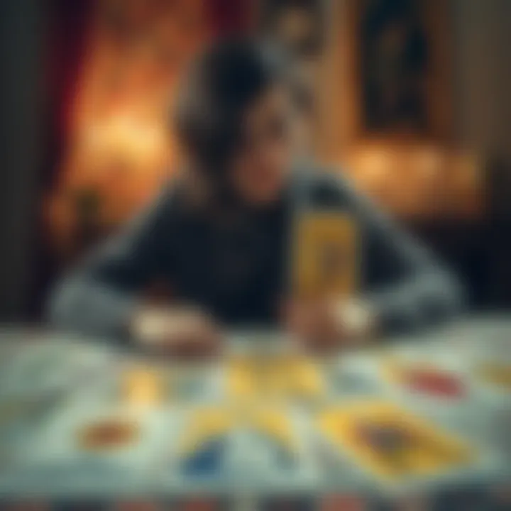 A person sits at a table with tarot cards laid out, focusing on the Knight of Pentacles and the Hierophant cards while looking thoughtful and reflective.