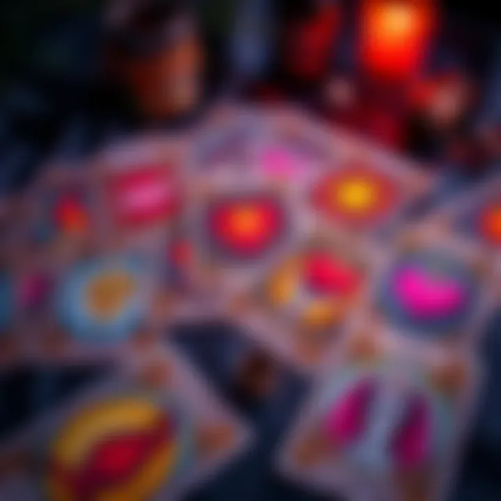 A colorful spread of tarot cards with love symbols, ready for a reading session