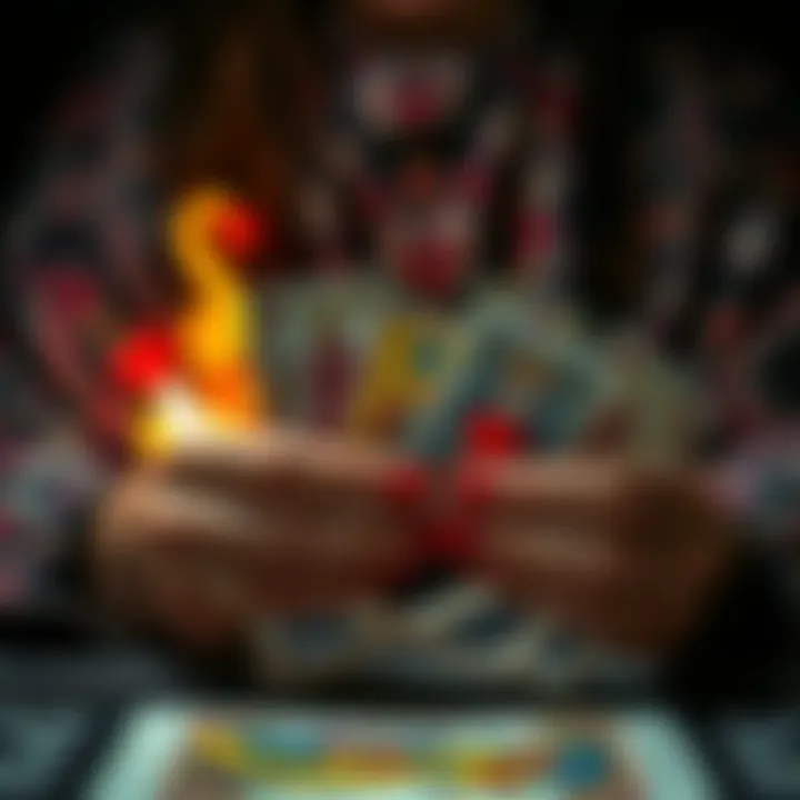 A person holding tarot cards with hearts and love symbols, ready for a reading about romance