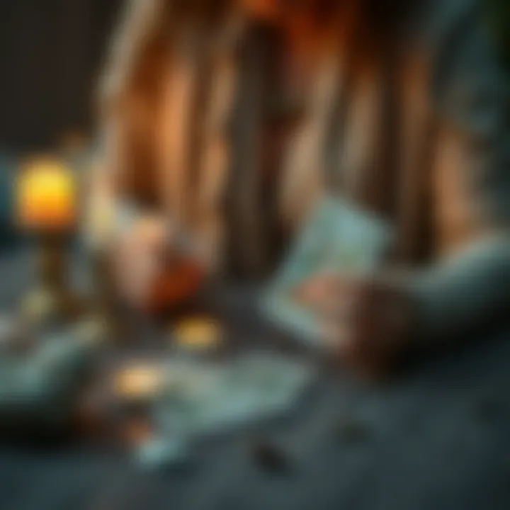 A person holding tarot cards with candles and crystals on a table, focusing on love insights during no contact.