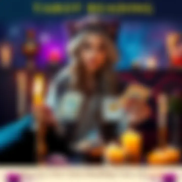 Luna conducts a tarot reading, displaying 3-5 tarot cards with interpretations, surrounded by candles and crystals.