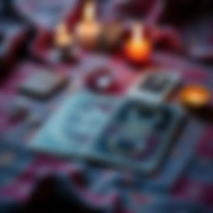 A close-up of two tarot cards laid out on a colorful cloth, symbolizing a manifestation reading, with crystals and candles in the background.