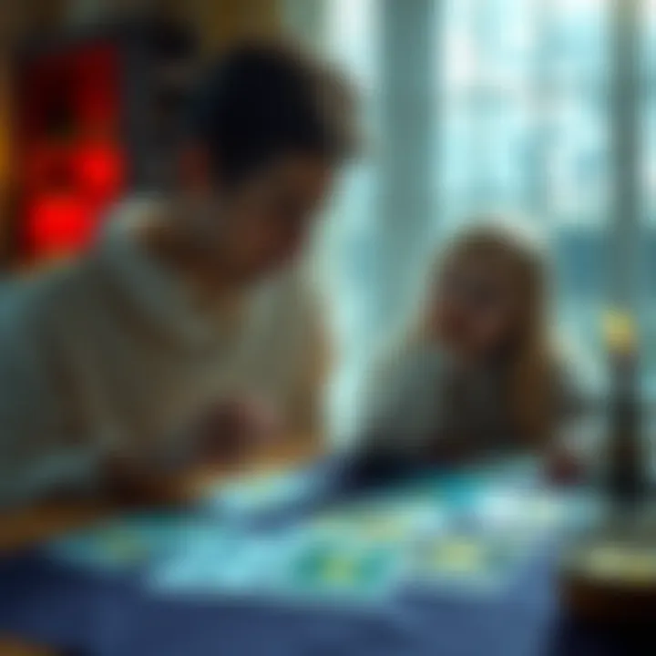 A person and their mother sitting at a table, focused on tarot cards laid out before them, depicting emotional themes and insights.