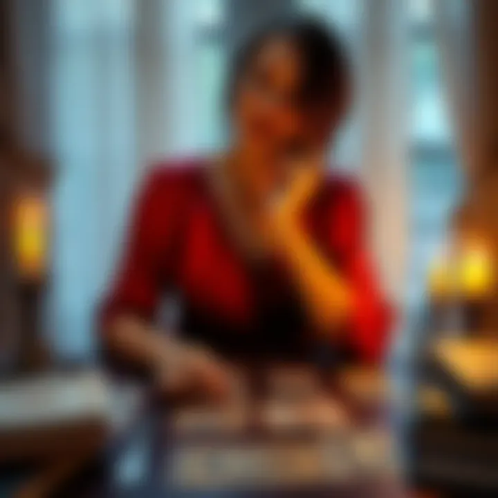 A woman sits at a table with Tarot cards spread out, looking thoughtful while surrounded by books and a candlelight glow.